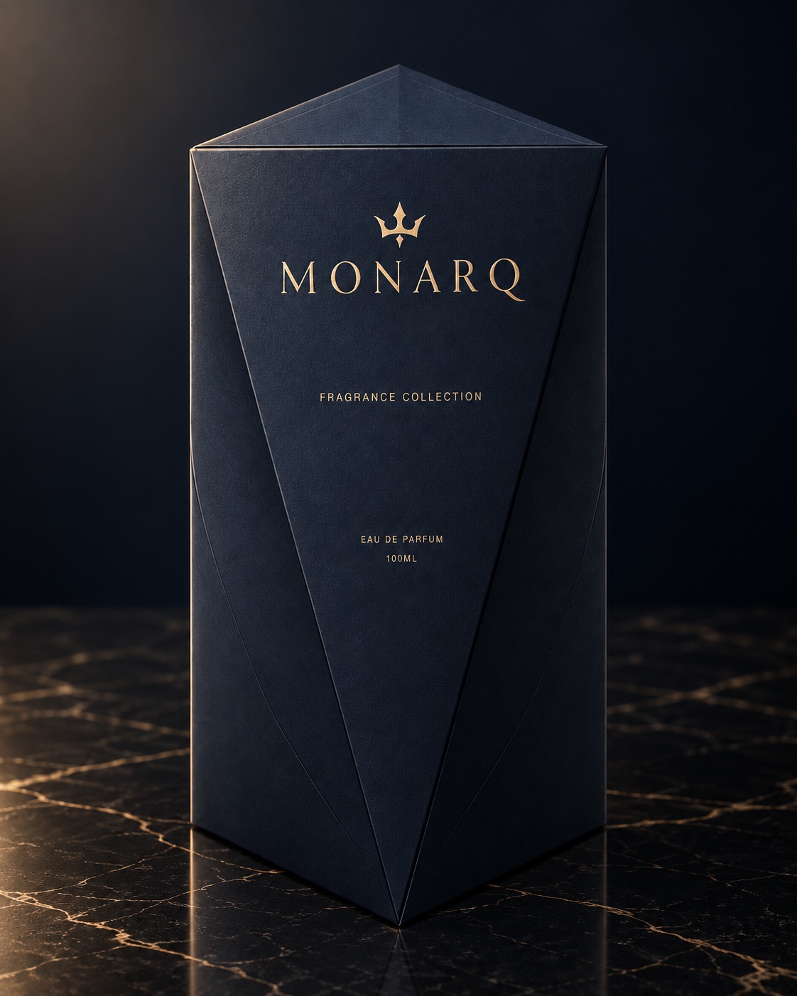 The MONARQ faceted midnight navy box on black marble